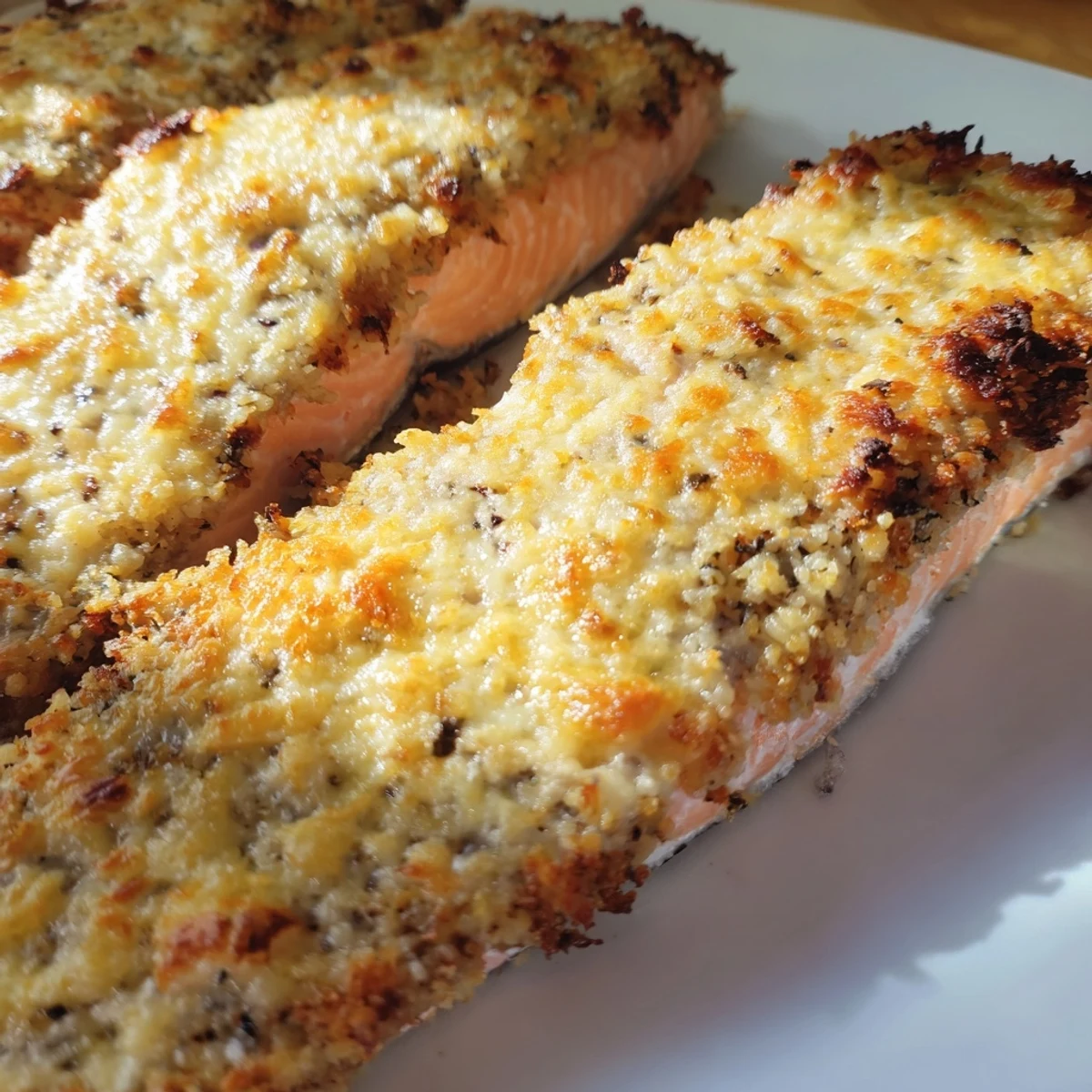 Flaky, tender salmon in a Crispy Parmesan Salmon Bake, garnished with fresh parsley and served alongside vibrant green asparagus spears.