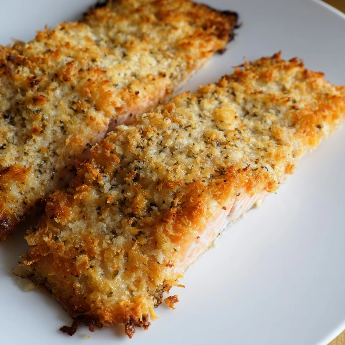 Overhead view of Crispy Parmesan Salmon Bake, showing golden brown panko and Parmesan topping on baked fillets with lemon slices.