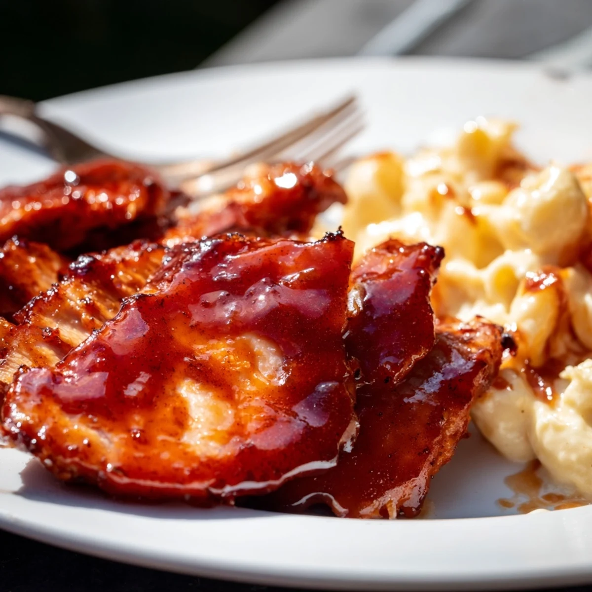 Golden-brown, saucy chicken glazed with sweet and spicy honey pepper sauce, served next to a creamy bowl of mac and cheese.