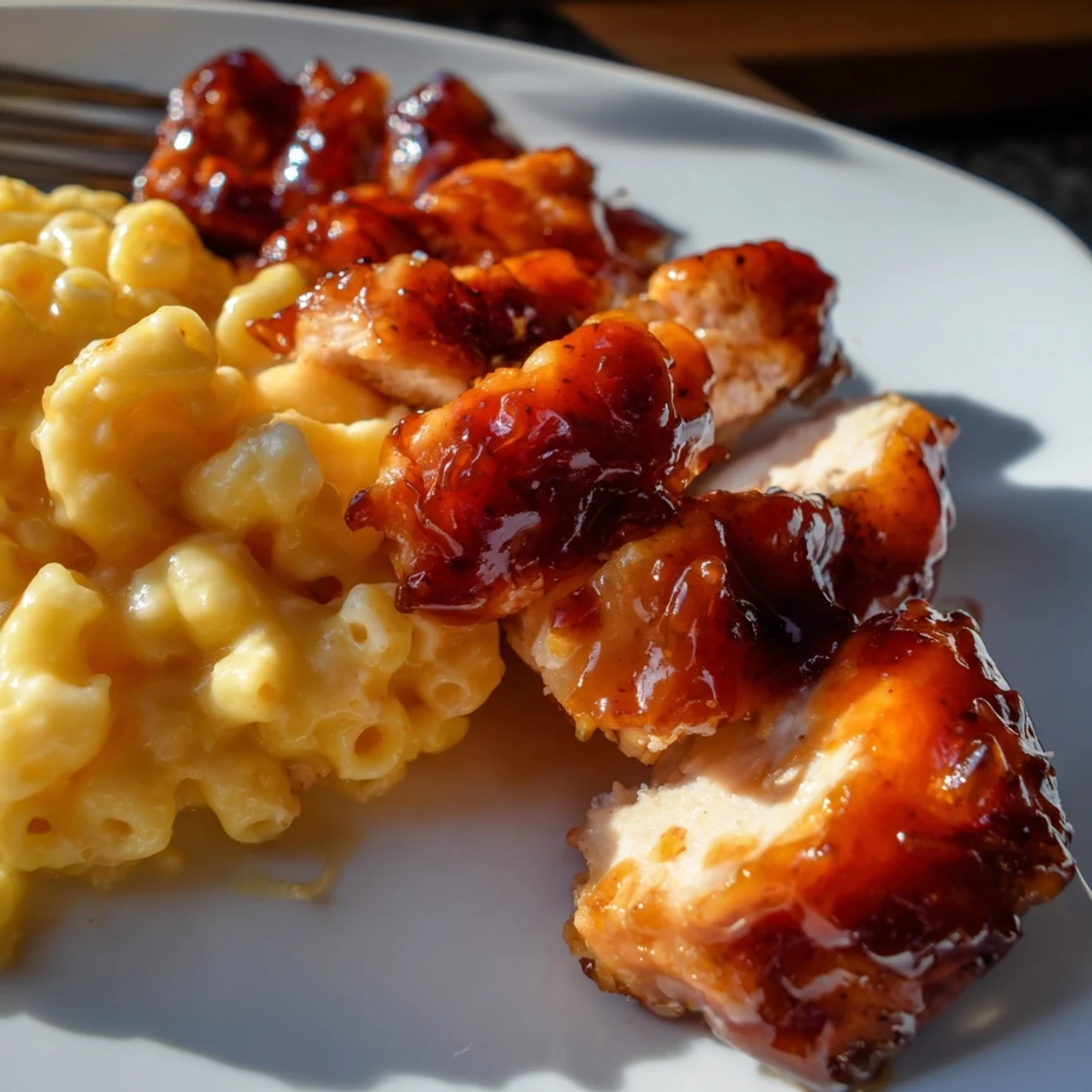 Juicy baked chicken breast coated in honey pepper glaze, resting on a bed of ultra-creamy mac and cheese for comfort food.