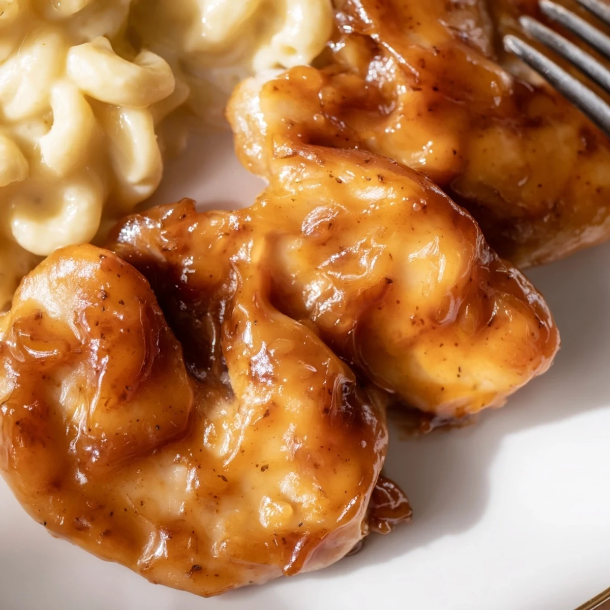 A close-up view of tender chicken drizzled with spicy honey sauce and a side of cheesy macaroni, ready to serve.