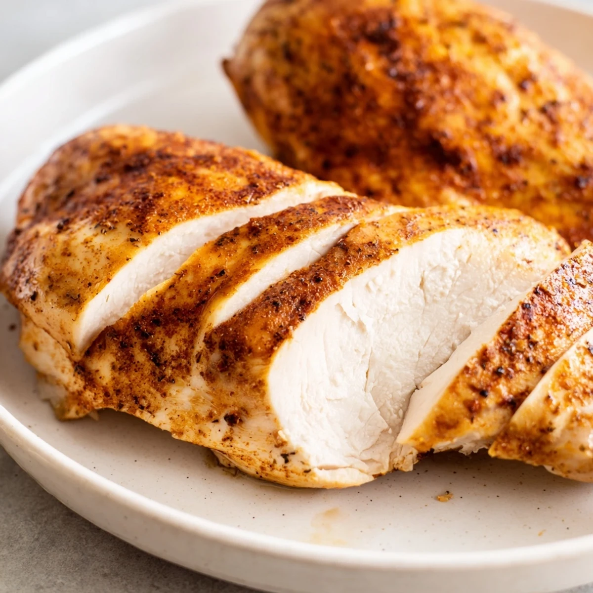 A close-up shows seasoned Oven Baked Chicken Breasts with a tender texture, sliced to reveal the juicy interior.