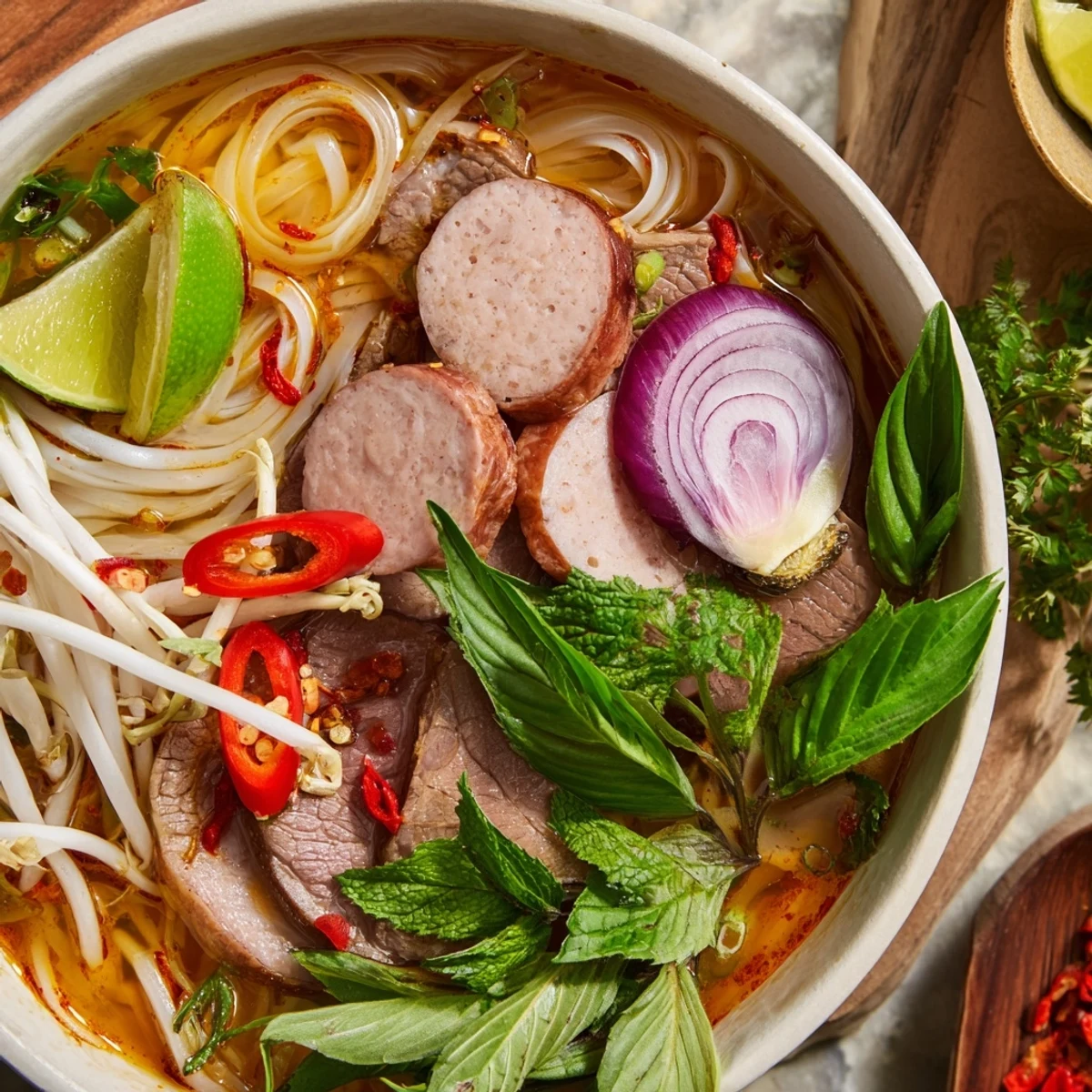 Steaming bowls of Bun Bo Hue, featuring thick rice noodles and tender beef in a lemongrass-infused broth.