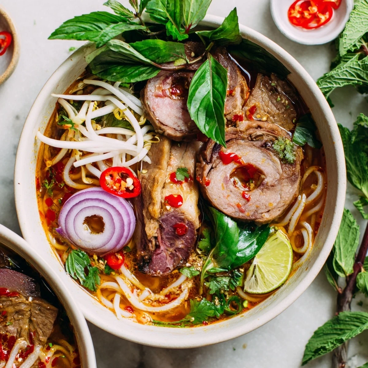 Delicious Bun Bo Hue served with sliced meats, bean sprouts, and aromatic garnishes on a rustic table.
