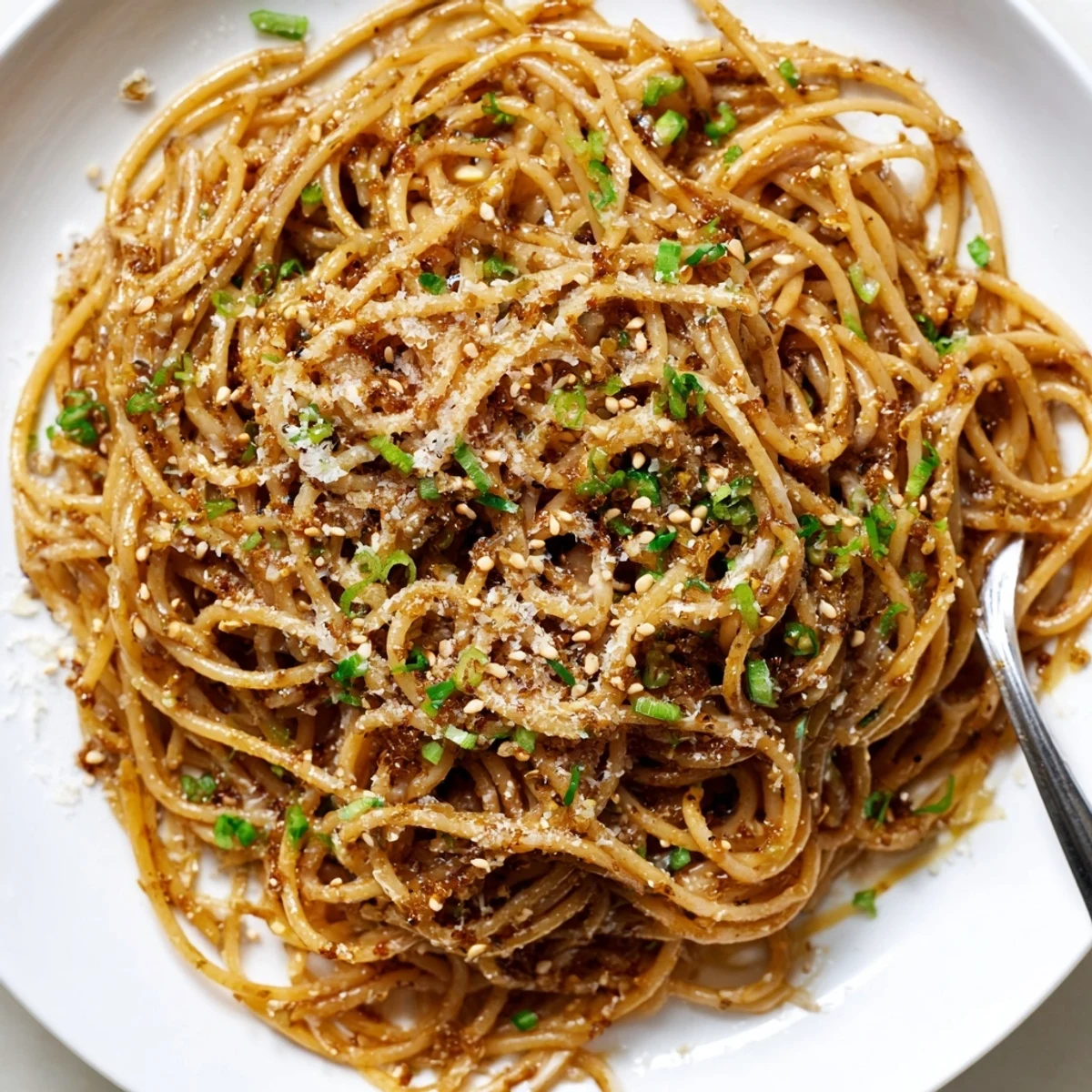 Garlic noodles tossed in a rich, buttery sauce, topped with fresh scallions and sesame seeds on a plate.