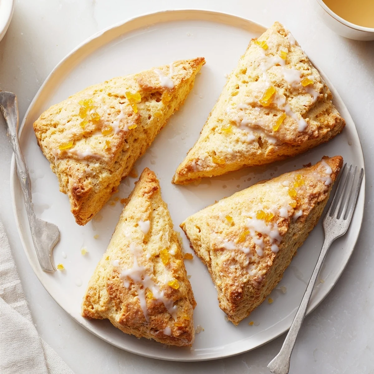 Warm, golden Candied Ginger Orange Scones studded with spicy ginger bits sit on a wire cooling rack.