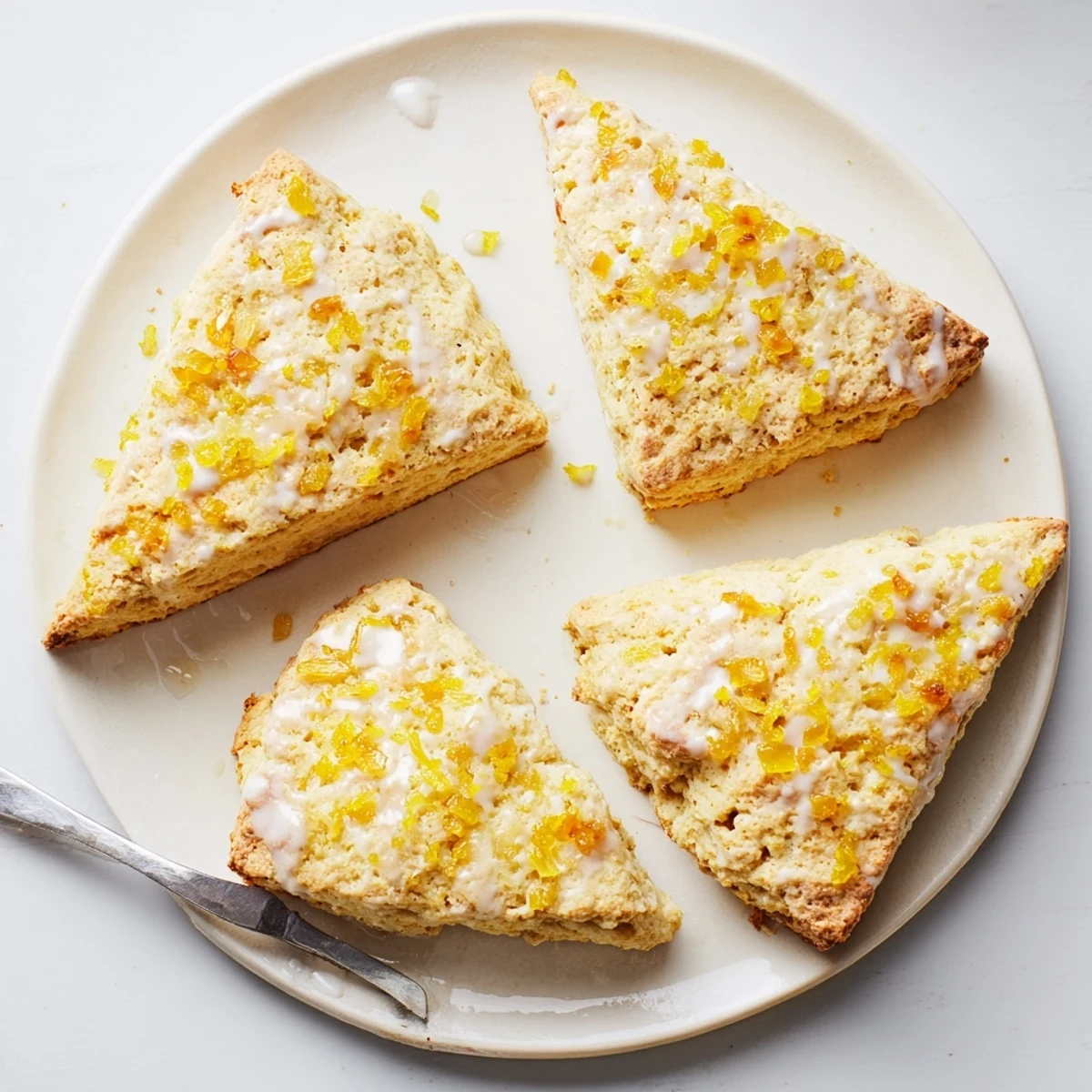 Freshly baked Candied Ginger Orange Scones on a rustic board with sliced orange and soft butter.