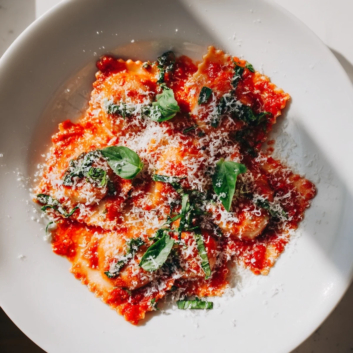 Steaming cheese ravioli in a vibrant tomato-basil sauce with fresh Parmesan garnish.