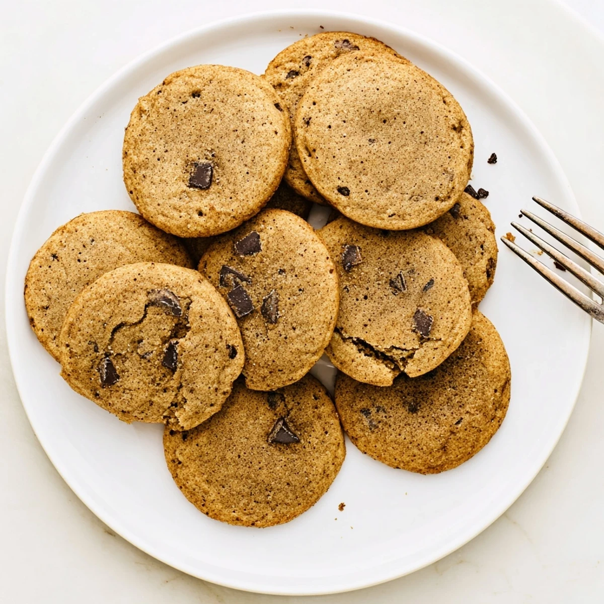 Golden-brown Chai Spiced Chocolate Chip Cookies with melty chocolate chips on a rustic wooden board.