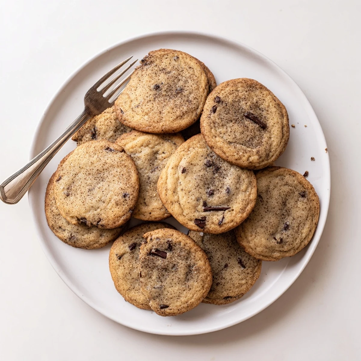 A close-up of warm Chai Spiced Chocolate Chip Cookies stacked on a cooling rack.