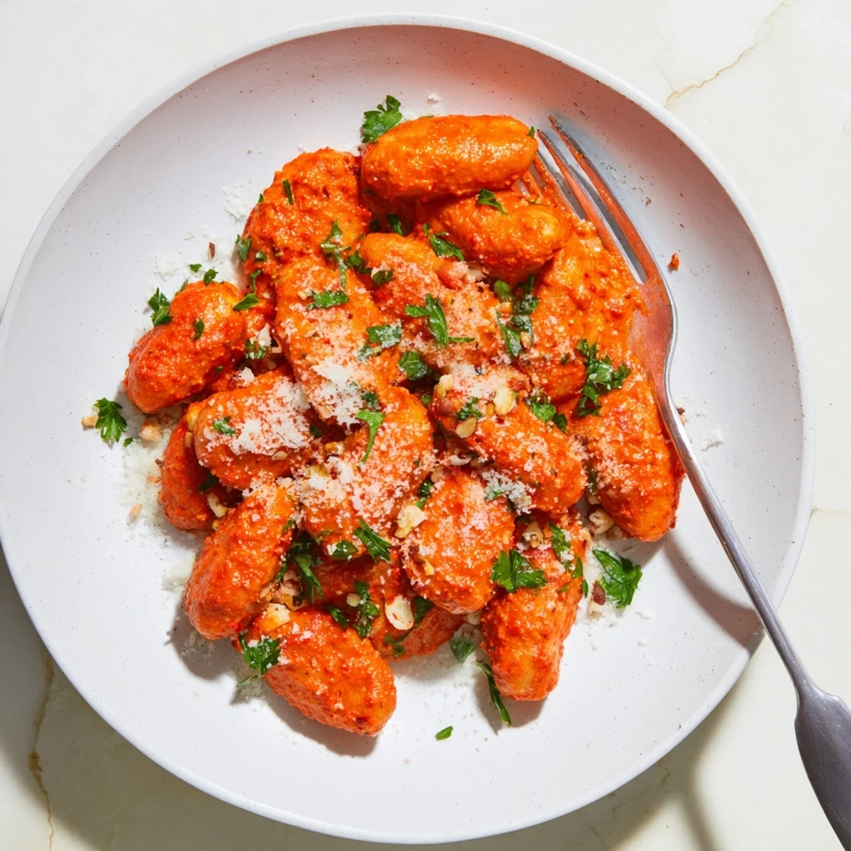 Golden-brown potato gnocchi tossed in a vibrant red romesco sauce with parsley garnish on a rustic plate.