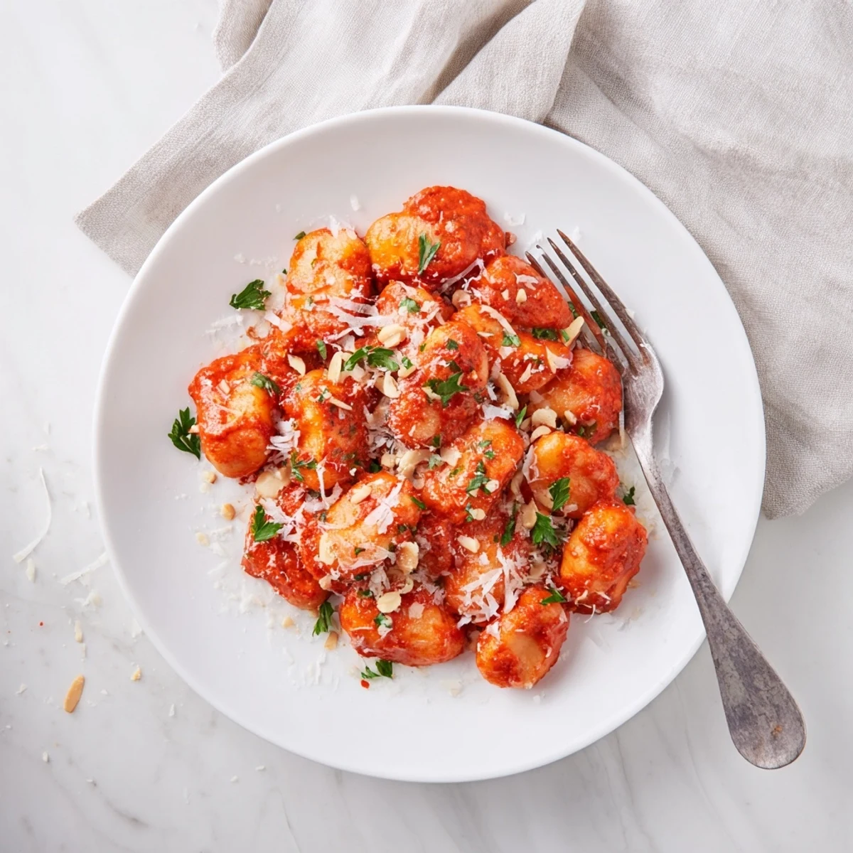 Pillowy gnocchi with quick romesco sauce served hot, garnished with fresh parsley and cheese for a Spanish-inspired meal.