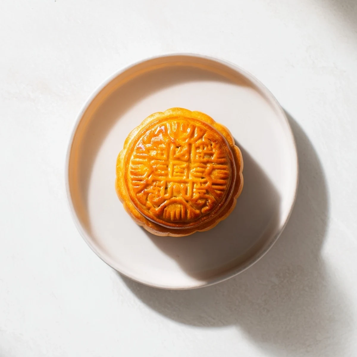 A close-up of a golden brown mooncake with intricate floral pattern, showcasing the tender pastry and sweet lotus seed paste.