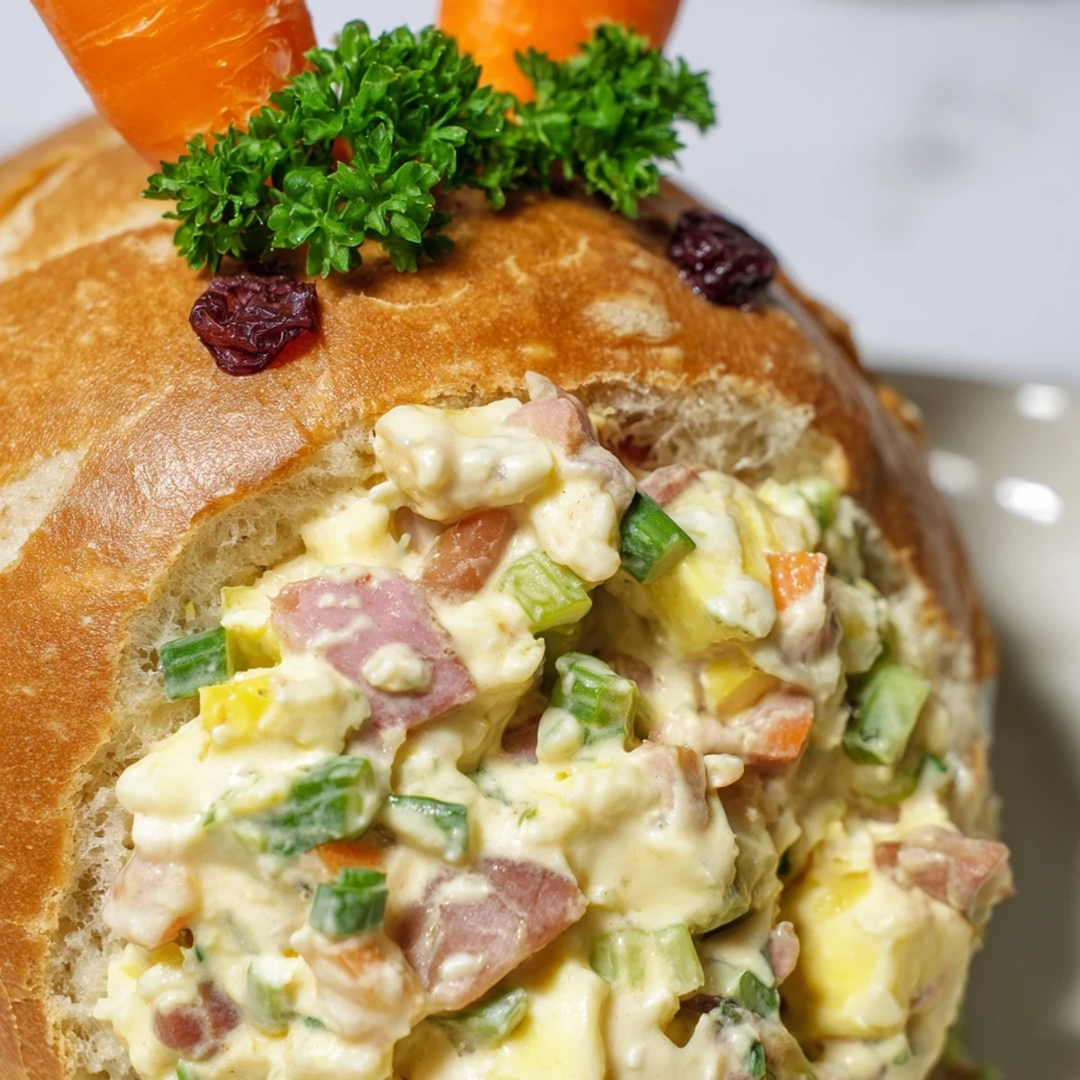 On a spring tablecloth, the Easter Bunny Cob with Egg Salad is served with extra bread pieces for dipping, perfect for family gatherings and Easter celebrations.