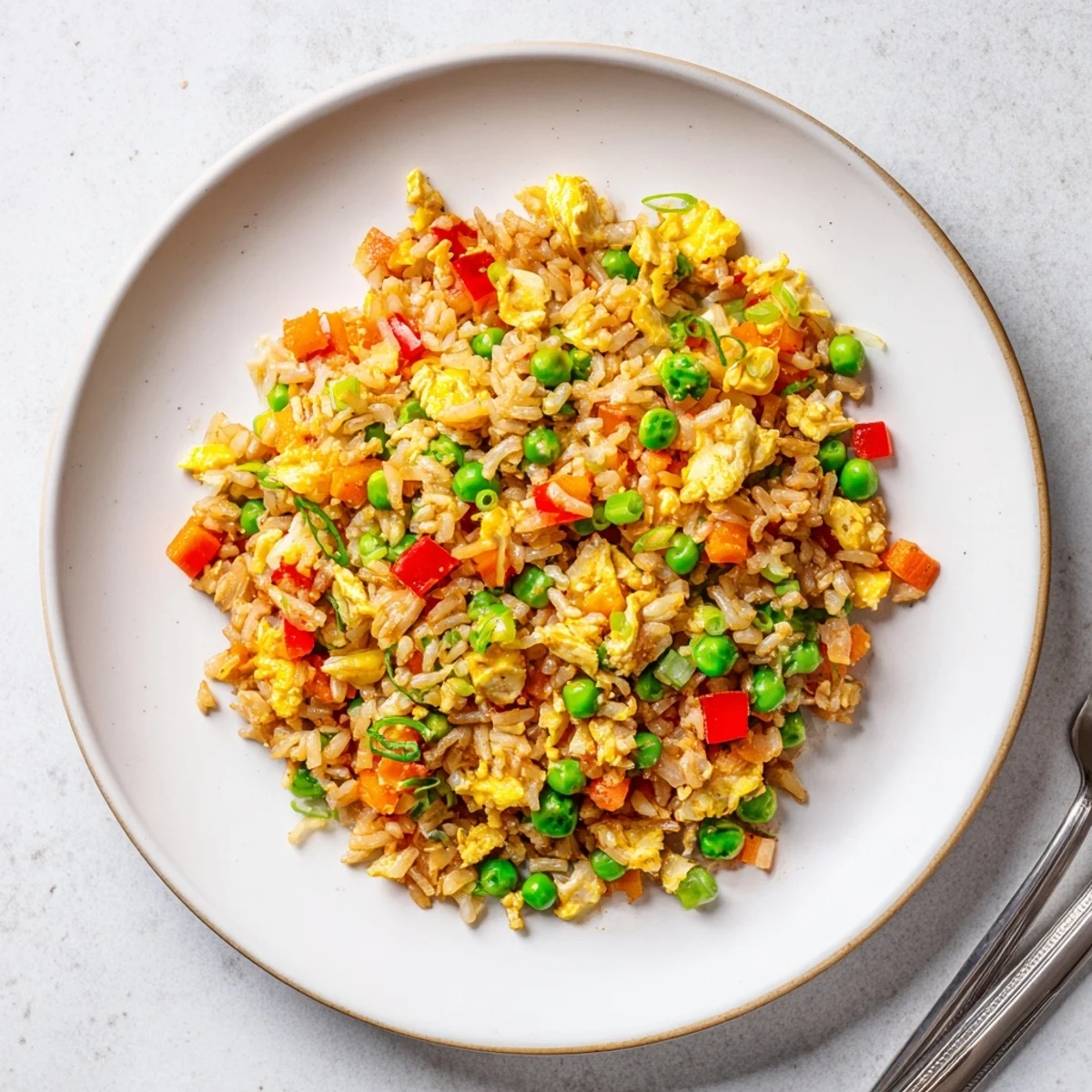 A close-up of homemade Fried Rice with fluffy grains, colorful peas, carrots, and diced bell pepper on a white plate.  
