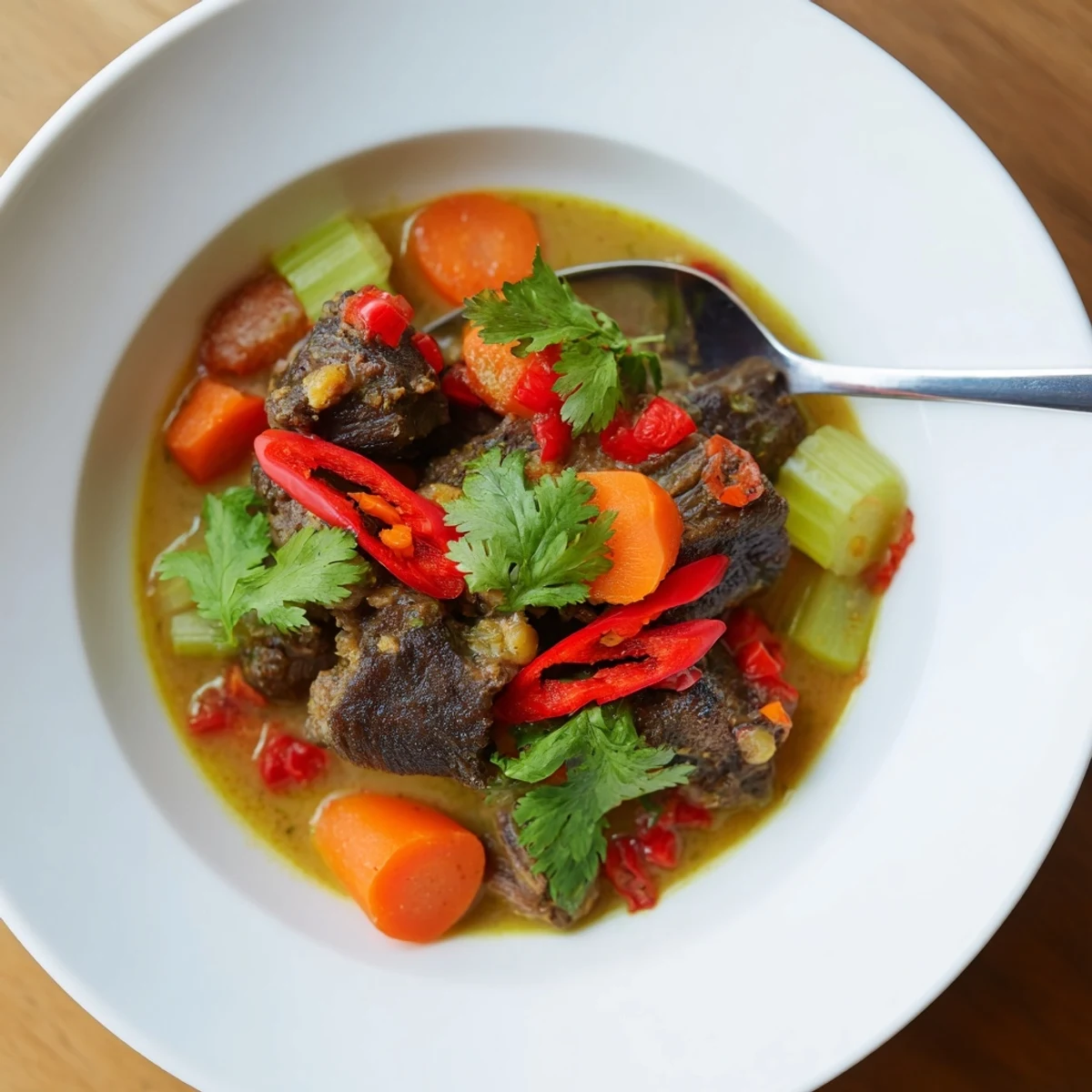 This flavorful Cambodian Rib Ragu features fall-off-the-bone beef ribs in a fragrant, tomato-based sauce, garnished with fresh cilantro for a bright finishing touch.