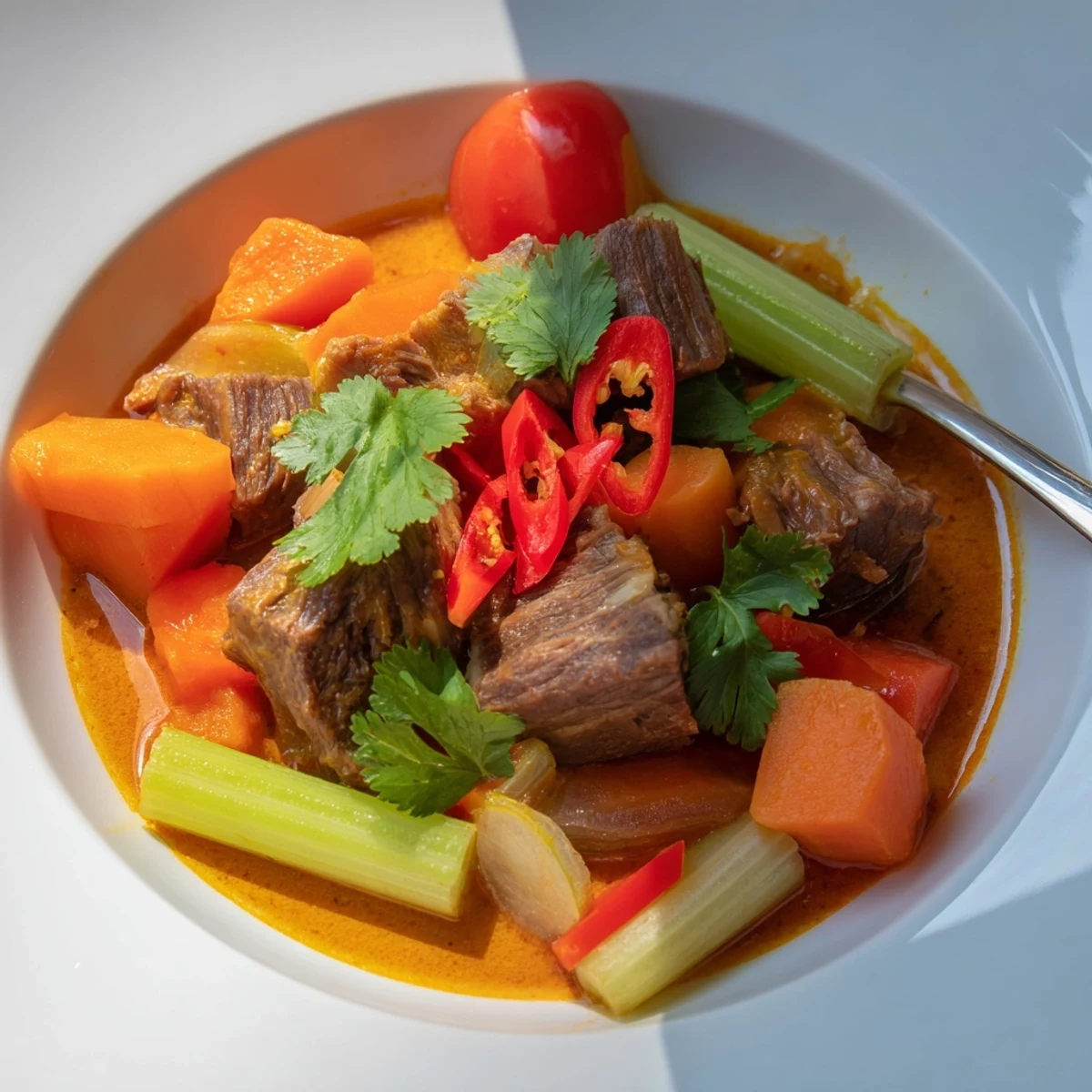 Tender beef ribs in a rich Cambodian Rib Ragu simmered with coconut milk and aromatic spices, served over fluffy jasmine rice for a comforting meal.