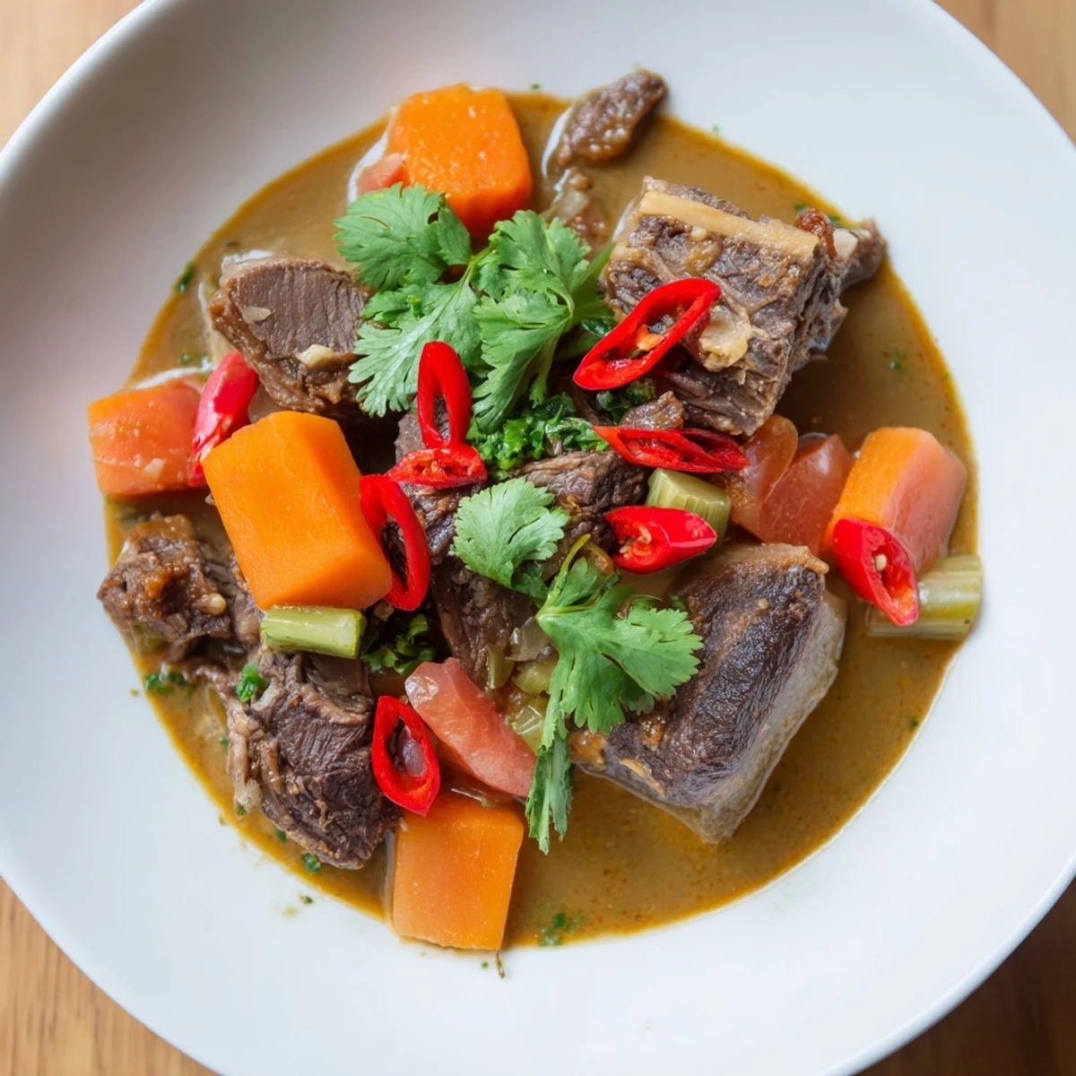 A hearty Cambodian Rib Ragu with golden-brown beef ribs, vibrant vegetables, and a creamy coconut milk broth, perfect for a cozy dinner with crusty bread.