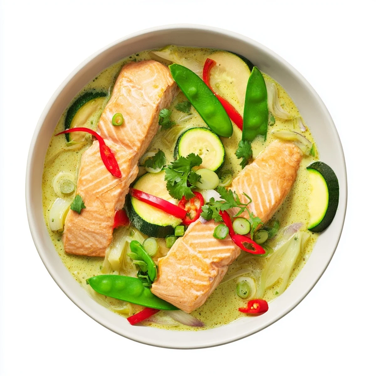 A close-up of vibrant Green Thai Curry Salmon in a creamy green coconut sauce with zucchini and bell peppers.