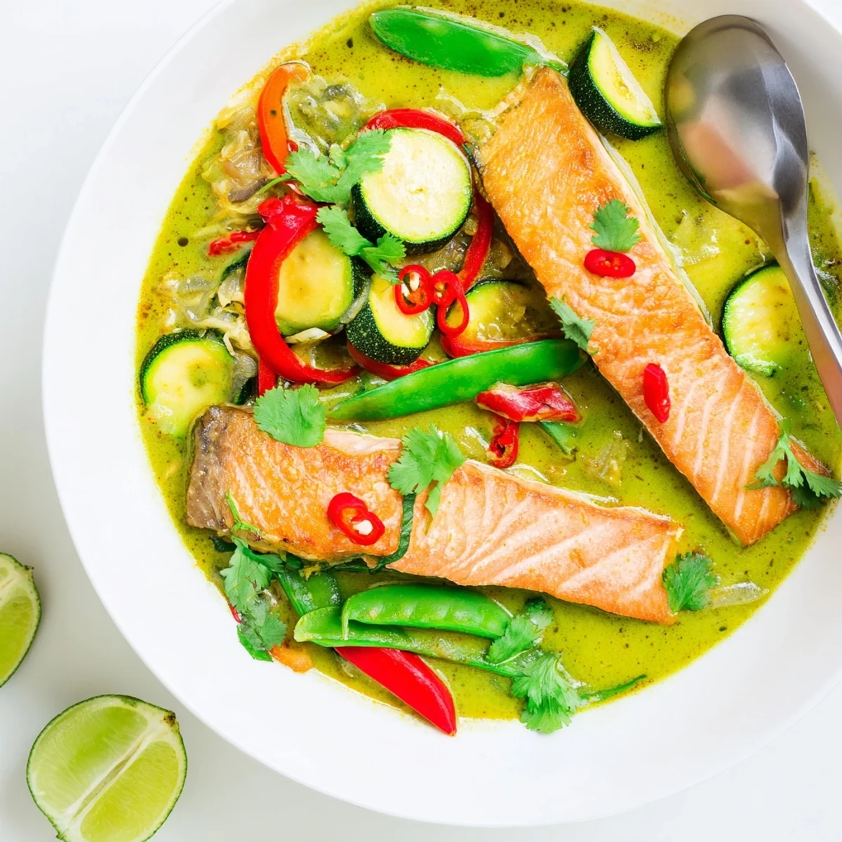 Green Thai Curry Salmon flanked by lime wedges and cilantro, served steaming over fluffy jasmine rice.