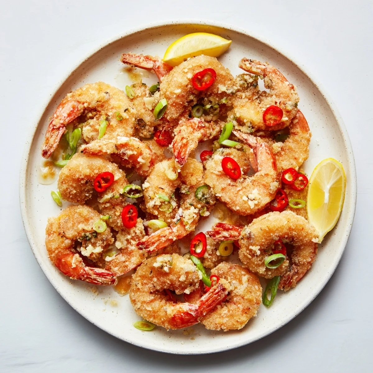 A close-up view of Salt and Pepper Shrimp reveals the crackling texture, dusted with white pepper and Sichuan peppercorns for a spicy kick.