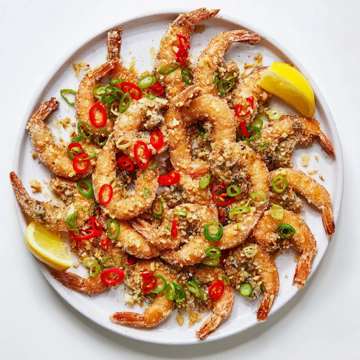 The wok-fried Salt and Pepper Shrimp sizzle with aromatic garlic and chili, ready to be served over steamed jasmine rice.