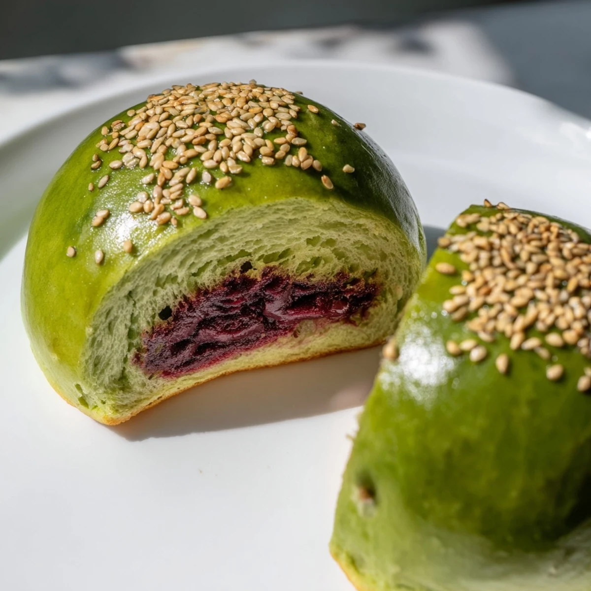 Golden-brown Matcha Red Bean Buns on a rustic wooden board, steam rising from the freshly baked Japanese fusion bread.