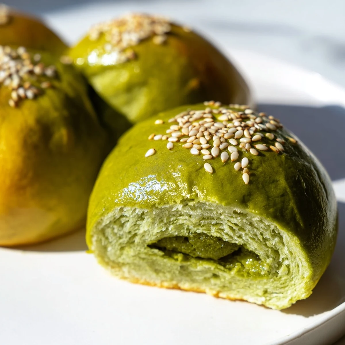 Twelve soft, pillowy Matcha Red Bean Buns with a light egg wash shine, dusted with white sesame seeds.