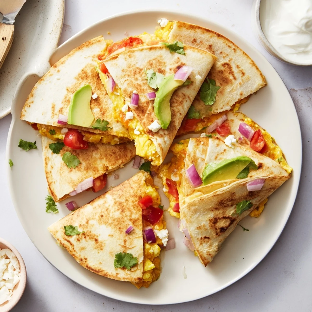 Overhead view of Spicy Avocado Egg and Three Cheese Quesadillas cut into wedges, revealing the melted cheese and spicy jalapeño filling inside.