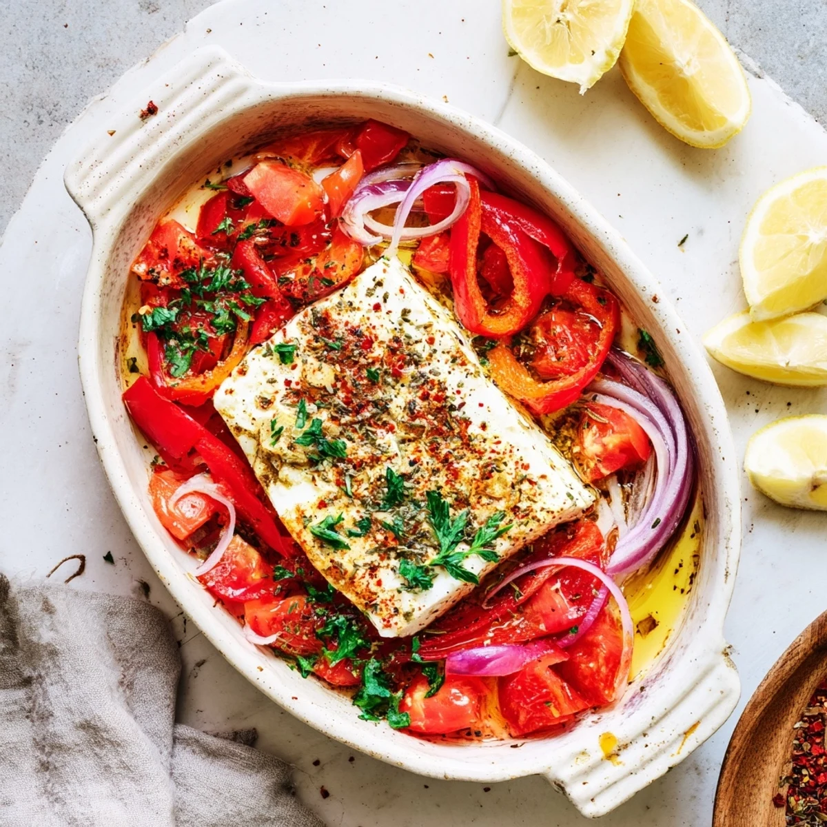 A close-up of golden, bubbling Spicy Baked Feta with roasted red peppers and tomatoes in a rustic dish.