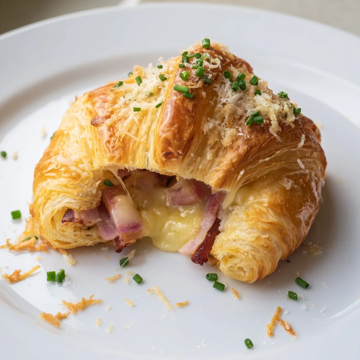 Golden, flaky Stuffed Croissants filled with melted Gruyère and savory ham, served warm on a wooden board.