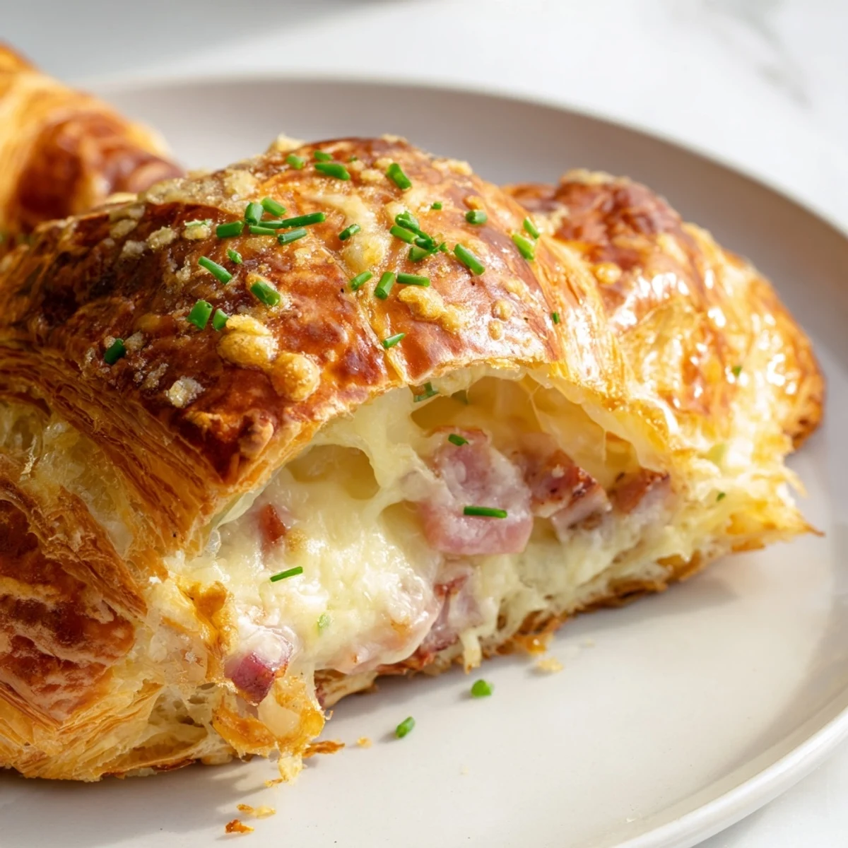 Freshly baked Stuffed Croissants with a cheesy ham and Dijon filling, garnished with fresh chives and black pepper.