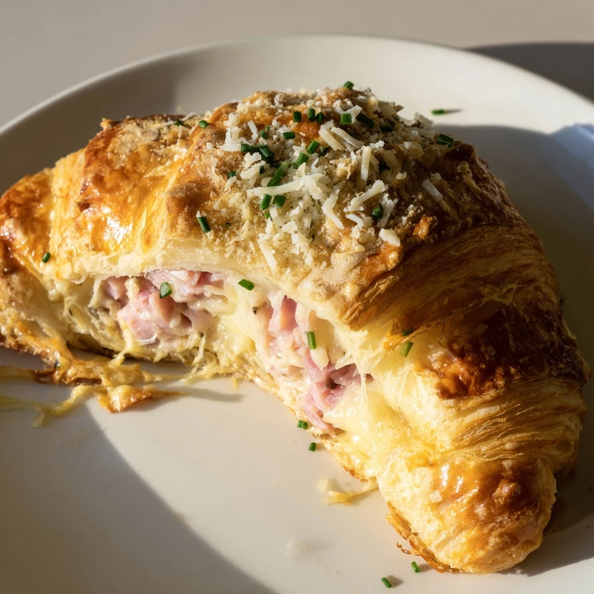 Warm, toasted Stuffed Croissants featuring a rich ham and Swiss cheese mixture, perfect for a savory brunch spread.