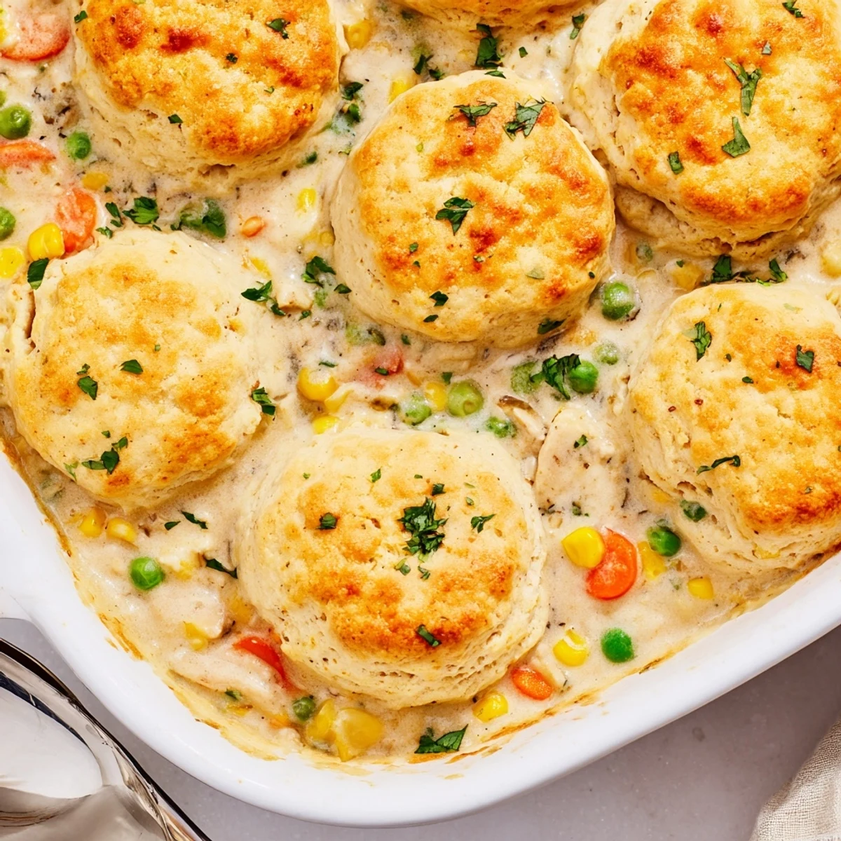 Golden, cheesy Red Lobster biscuit chicken pot pie with creamy filling, peas, and carrots bubbling in a rustic dish.