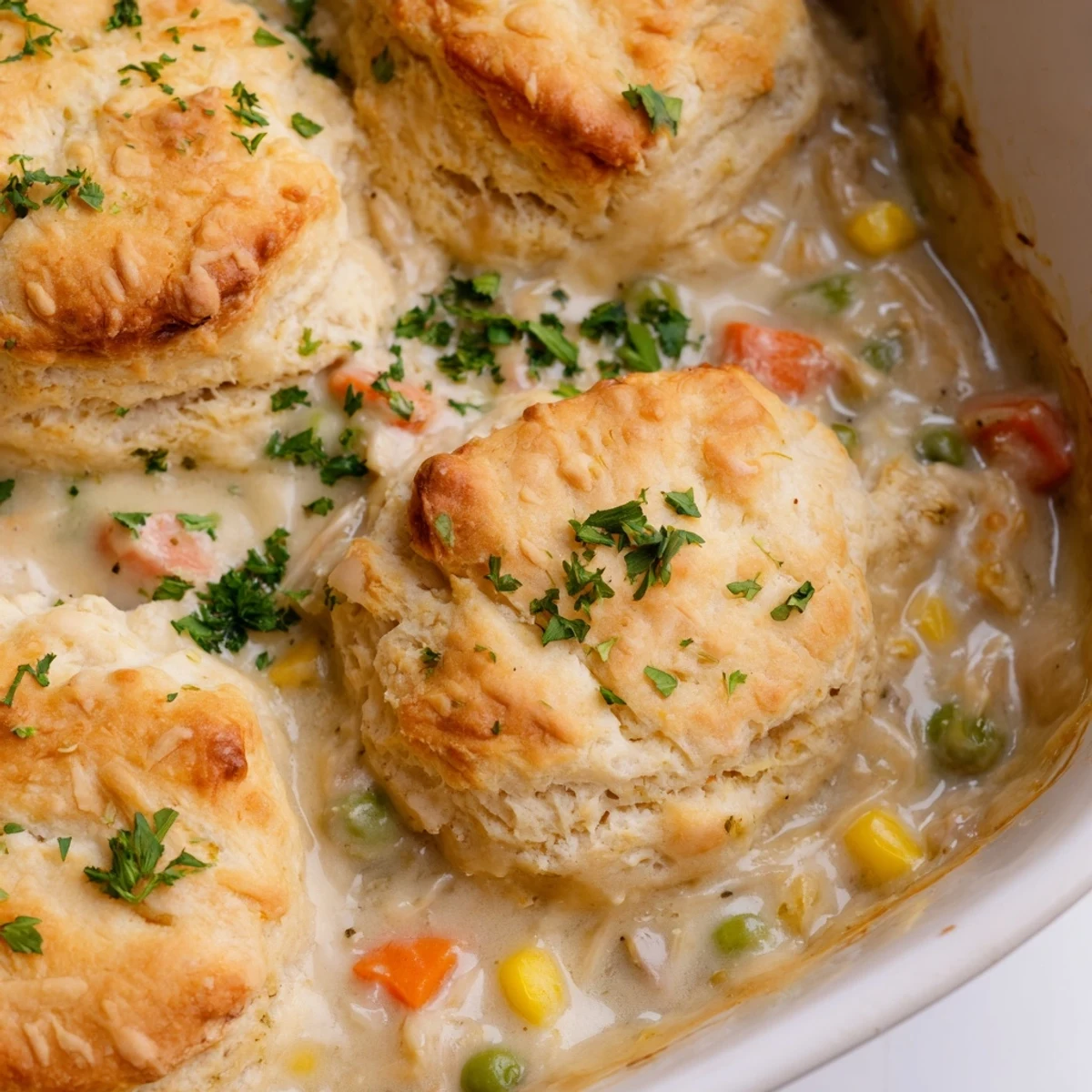 Fork-ready slice of Red Lobster biscuit chicken pot pie reveals savory chicken, corn, and flaky cheddar biscuit topping.