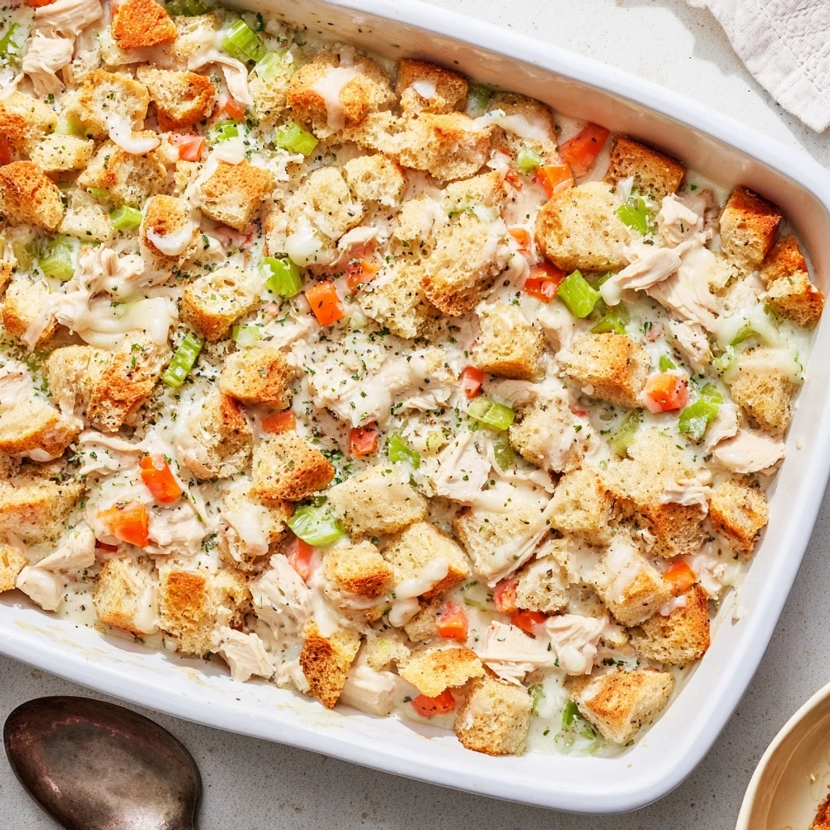 Golden-brown Dollys Chicken Stuffing Casserole emerges from the oven bubbling and aromatic, ready to serve.