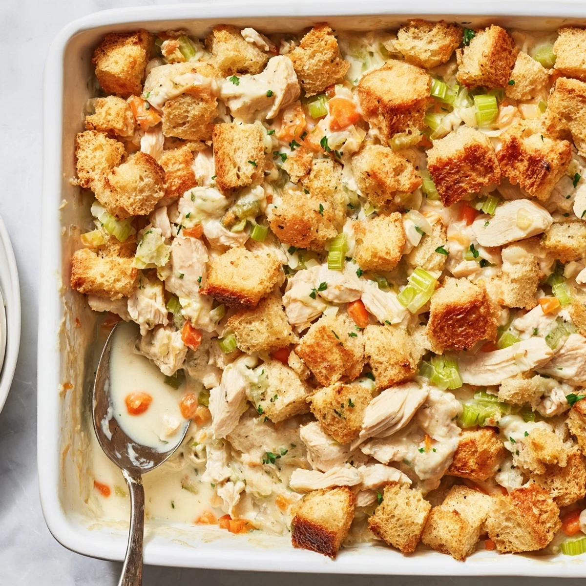 Family-style Dollys Chicken Stuffing Casserole rests on a dinner plate, steaming beside a fresh green salad.