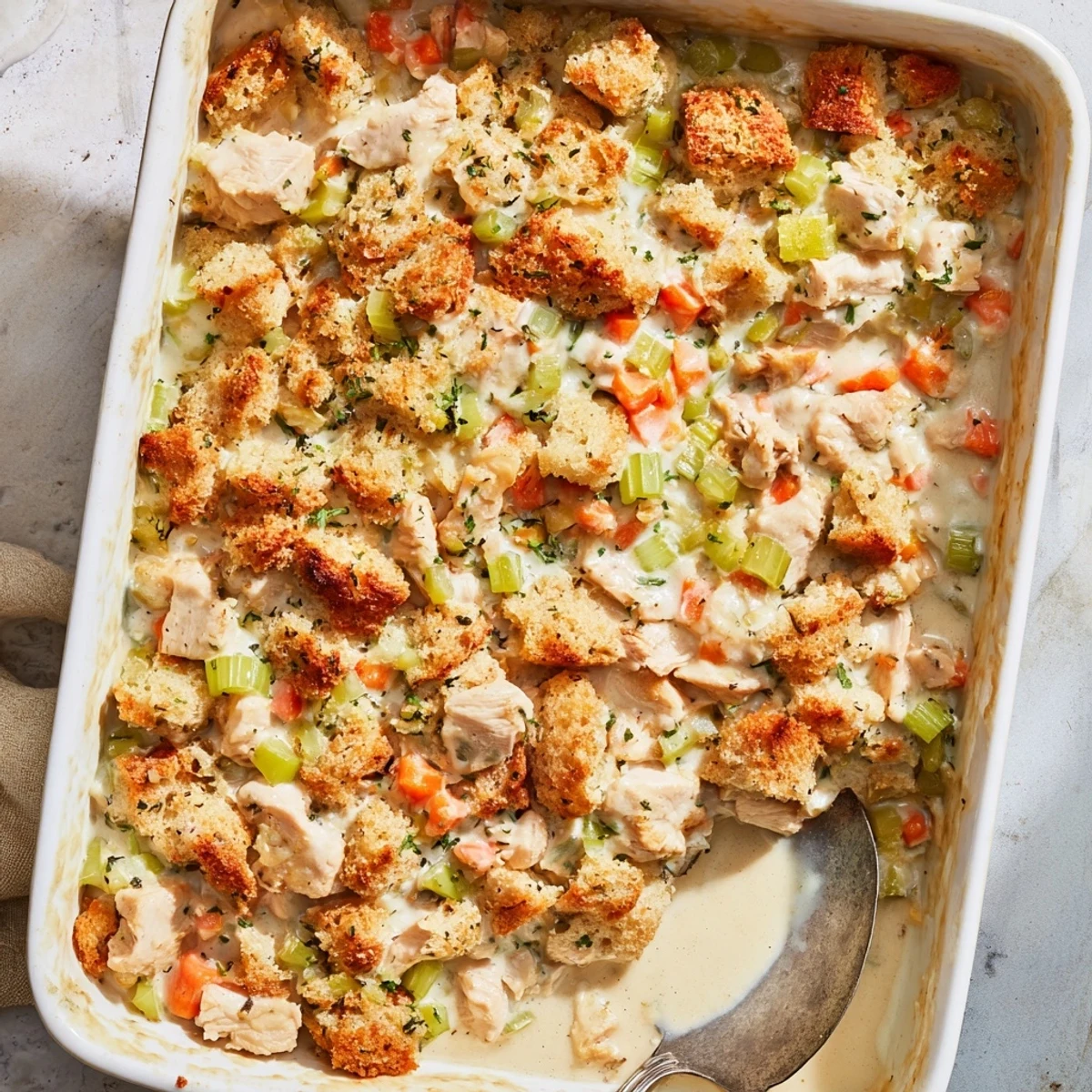 A generous scoop of Dollys Chicken Stuffing Casserole reveals creamy chicken and savory stuffing layers.