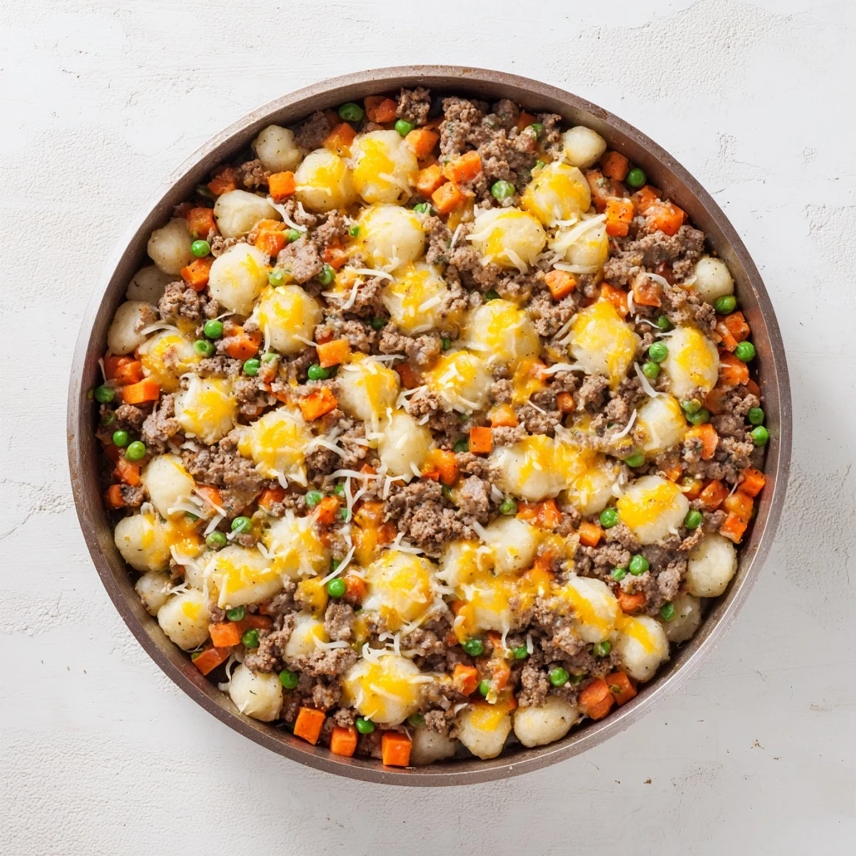 Golden melted cheddar and Parmesan blanket the Quick Gnocchi Shepherds Pie, with gnocchi nestled in a savory beef and pea filling.