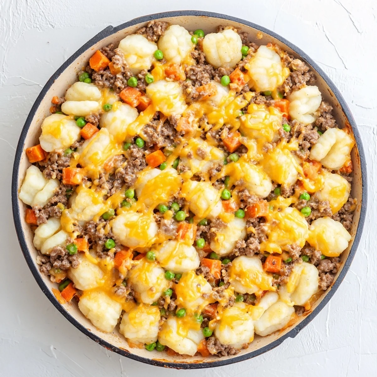 The finished Quick Gnocchi Shepherds Pie rests in a cast iron skillet, featuring golden bubbly cheese over a hearty meat base.