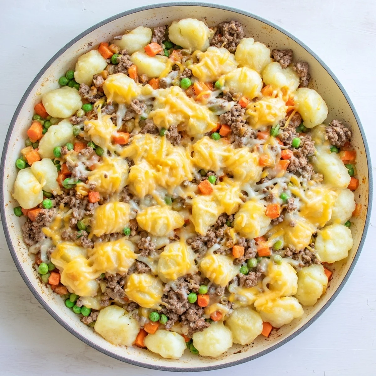 A close-up of Quick Gnocchi Shepherds Pie reveals pillowy gnocchi and peas in a rich gravy, topped with a buttery cheese crust.
