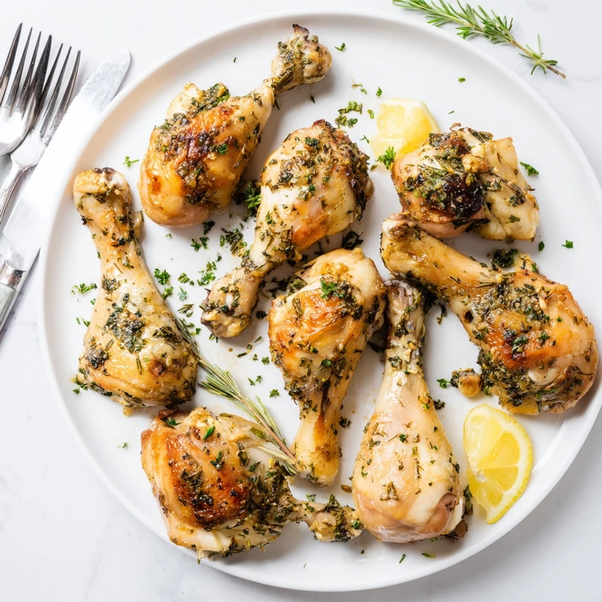 Golden-brown Herb Roasted Chicken Drumsticks arranged on a rustic platter with fresh lemon wedges and parsley.