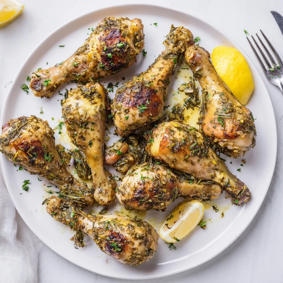 Sizzling Herb Roasted Chicken Drumsticks fresh from the oven, showcasing crispy skin and aromatic garlic herbs.