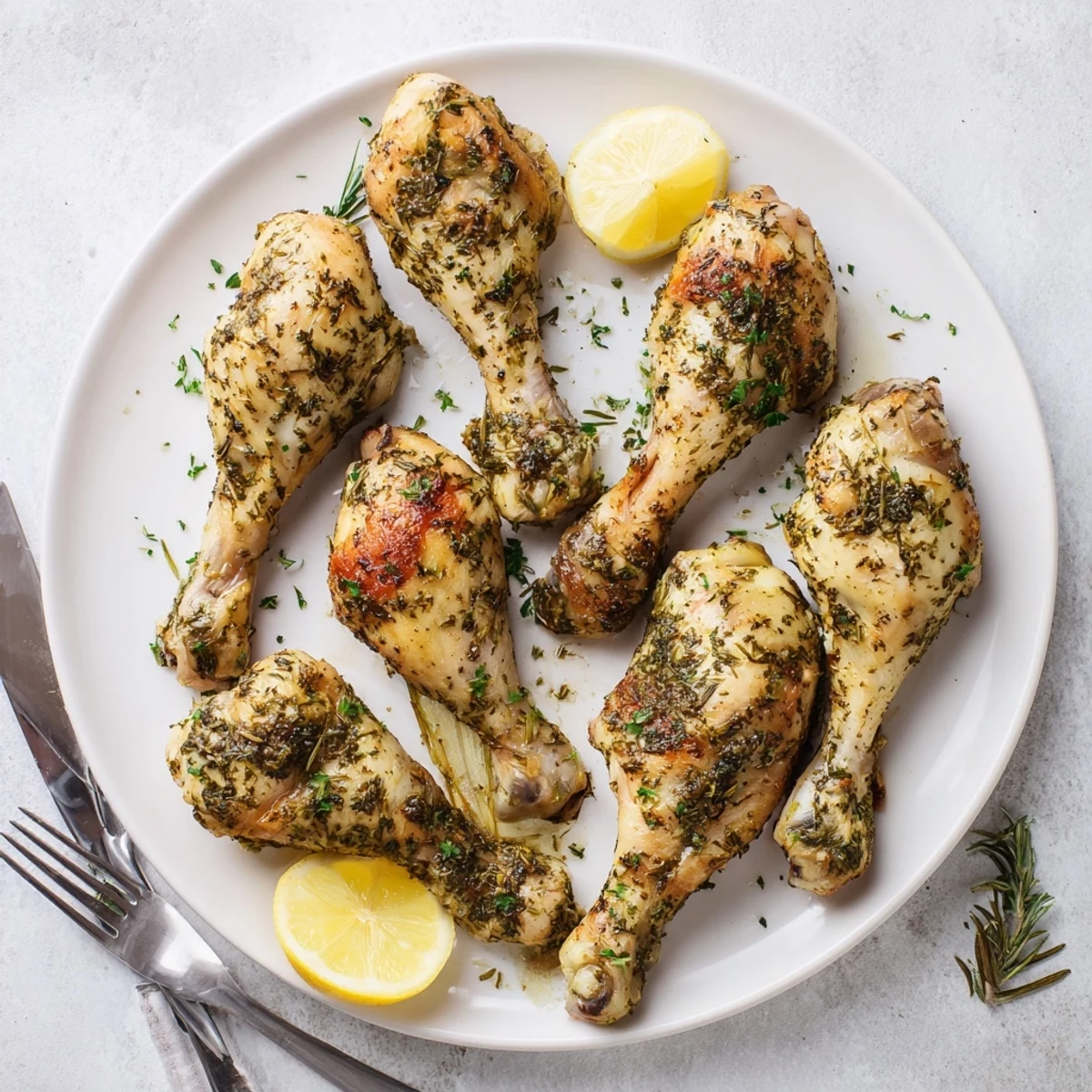 Uplifted Herb Roasted Chicken Drumsticks garnished with parsley, paired with roasted potatoes for a hearty dinner.