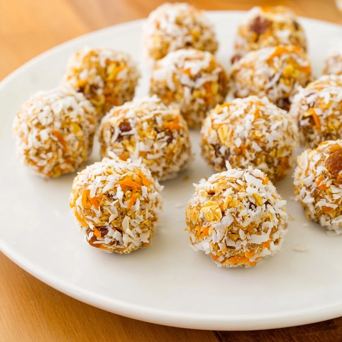 A top-down view of no-bake carrot cake bites surrounded by whole walnuts and shredded carrots.