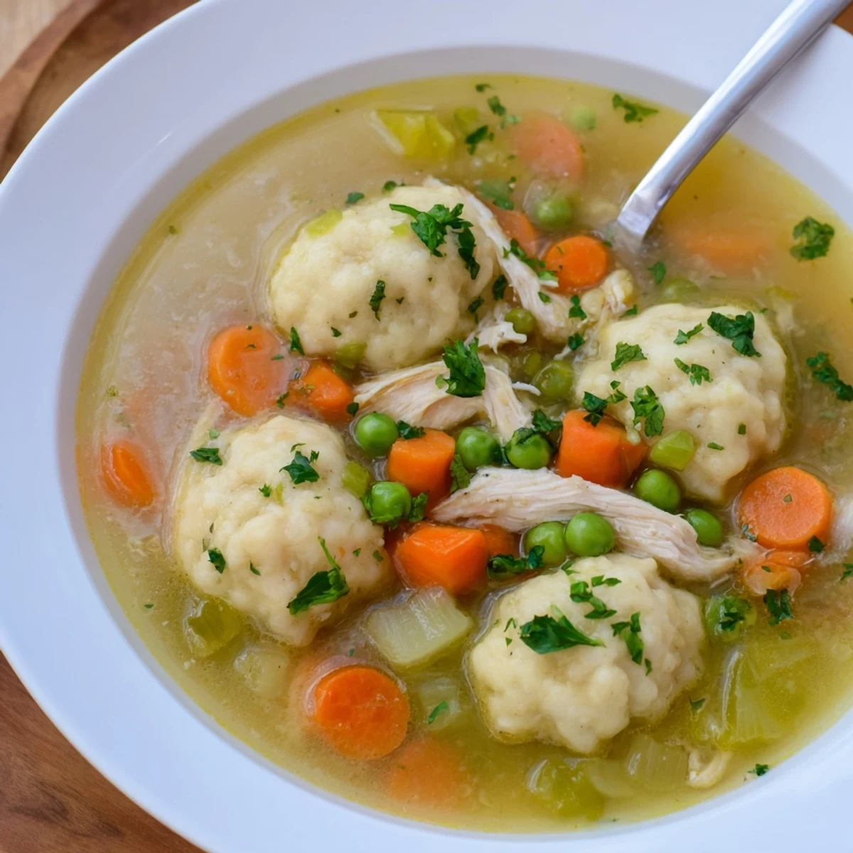 Steamy One Pot Chicken Dumpling Soup with fluffy dumplings and tender chicken in a rustic pot.