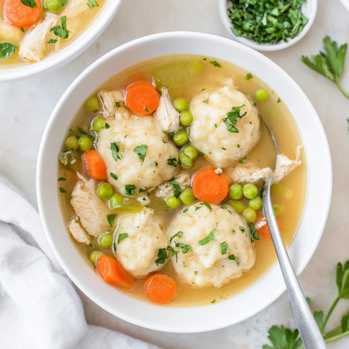Cozy bowl of One Pot Chicken Dumpling Soup with vegetables and dumplings, served on a wooden table.
