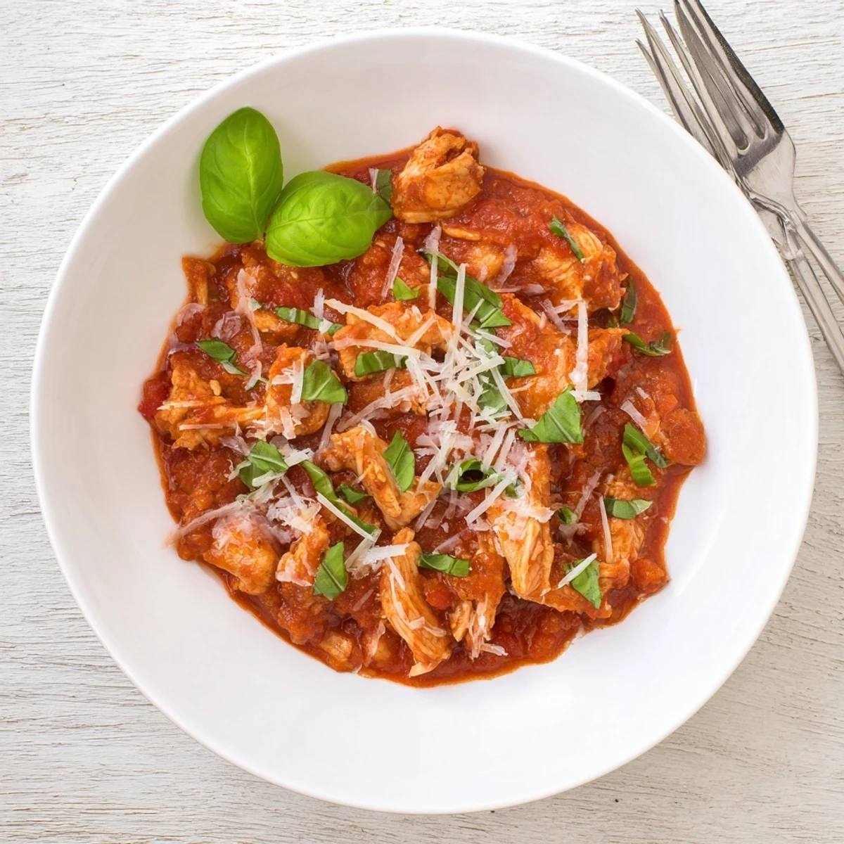 A comforting bowl of slow cooker tomato basil chicken served over creamy polenta with melted Parmesan on top.
