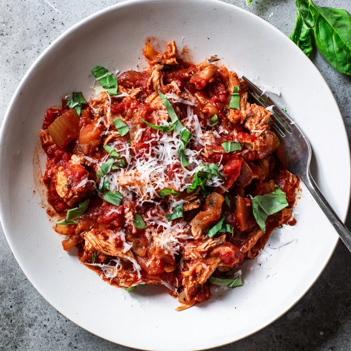 Golden brown slow cooker tomato basil chicken rests in a luscious tomato basil sauce ready for a family dinner.