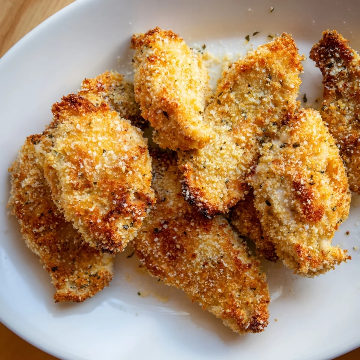 Golden-brown baked garlic Parmesan chicken breasts rest on a plate, garnished with fresh parsley and a lemon wedge for extra zing.  